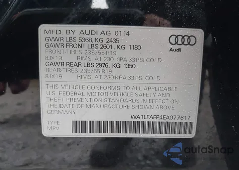 2014 Audi Q5 2.0T Premium z USA, uszkodzony, nr VIN WA1LFAFP4EA077617